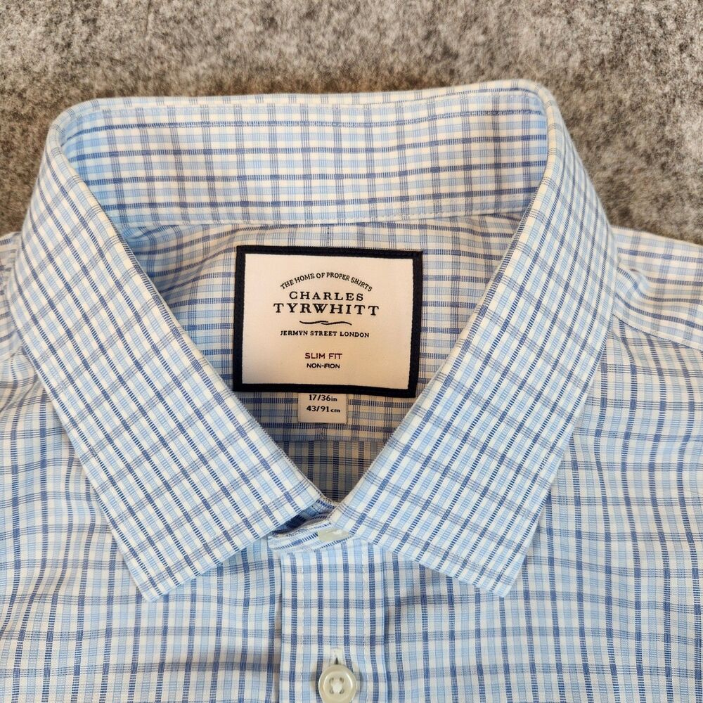 Charles Tyrwhitt Dress Shirt Men 17/36 Blue Plaid‎ Slim Non Iron Work Business - Picture 4 of 10